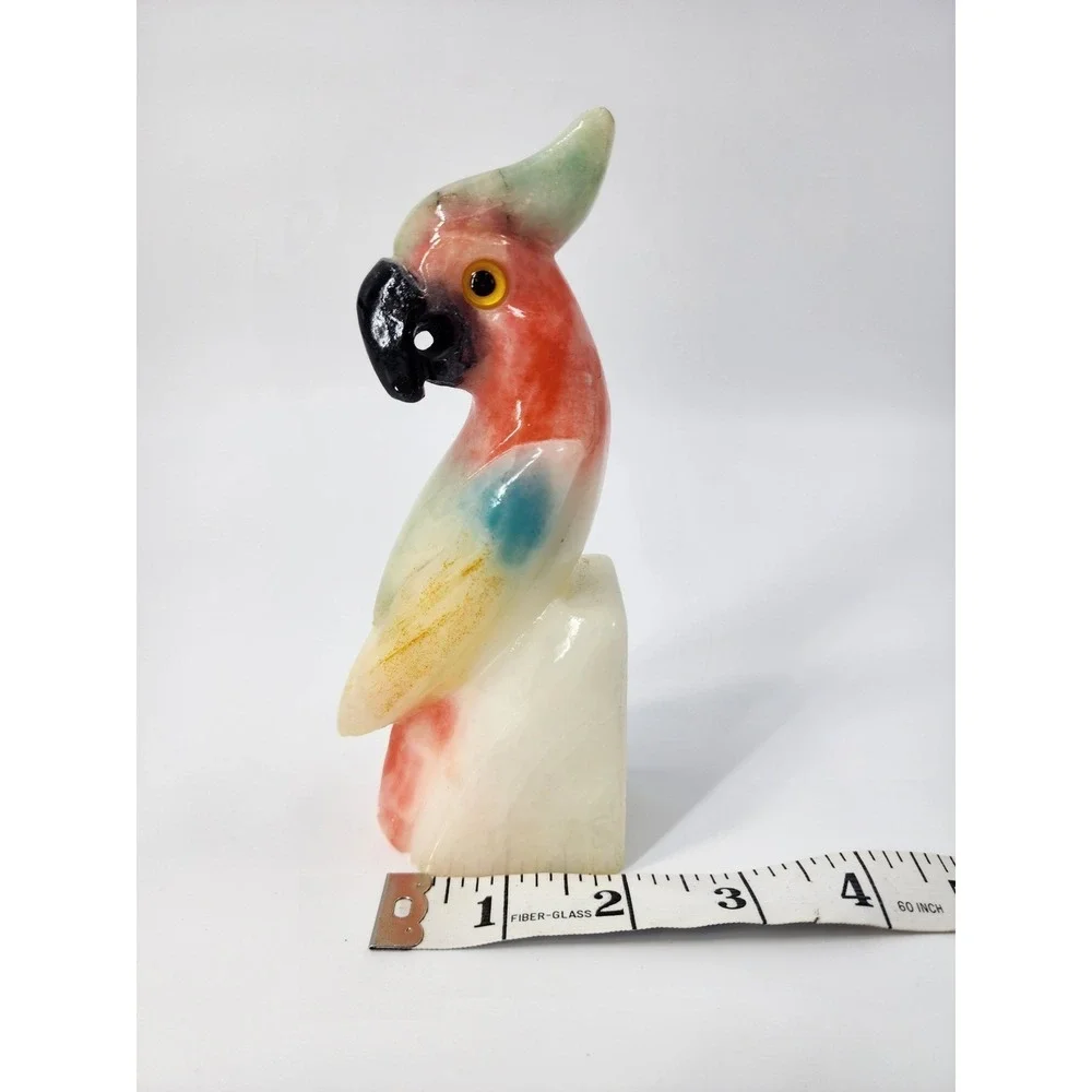 Vintage Hand Carved Onyx Stone Parrot Figurine Multi Color Bird Sculpture 5.5